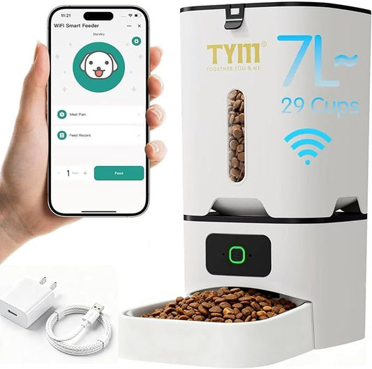 TYM Automatic Cat Feeder, 7L Cat Food Dispenser with 2.4G WiFi, Timed Cats Feeder with APP Control, Auto Pet Food Dispenser for Small Pets, Dogs, Dual Power Supply, Detachable for Easy