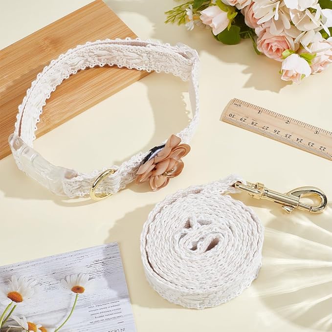 PLIGREAT Lace Puppy Collar, Beige Dog Collar and Leash Set Adjustable Lace Dog Collars with Flower Handmade Embroidered Metal Clasp for Large Dogs Pet Wedding Party Birthday Outfit, L