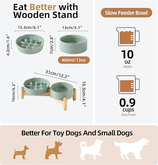 Ceramic 0.9 Cup Raised Slow Feeder Dog Bowl Set, Elevated 5.1inch Bowl and 6.1inch Slow Pet Food Dish with Wooden Stand for Small Dog and Cat (2 x Light Green+ Stand)