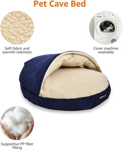 Amazon Basics Pet Cave Bed for Dog, With Removal Nesting Cave Cover, Fits up to 30lbs Pets, 35 x 35 x 13 inches, Blue