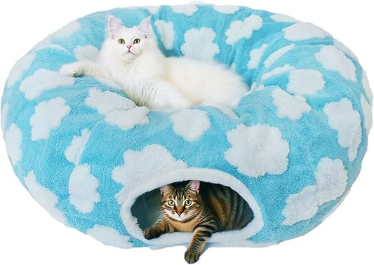 Cat Tunnel Bed for Indoor Cats, Plush Washable Cushion Peekaboo Play Space for Kittens, Puppies, Rabbits, Multifunctional Collapsible Design, Soft Collapsible Cat Cave with Central Mat (Blue)