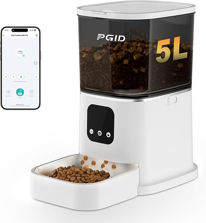 PGID Automatic Cat Feeder, 2.4G WiFi Automatic Dog Food Dispenser，Auto Dog Feeder with APP Control, 5L Timed Auto Cats Food Dispenser w 2-Way Audio for Multiple Pet