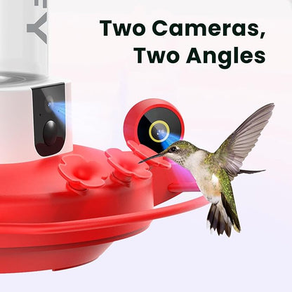 Birdfy Hummingbird Feeder with Dual Cameras AI Identify - 2K HD Smart Cameras, Close-Up Bird Video/Live Watching & Instant Notifications, Ant Moat & Leakproof - 20oz