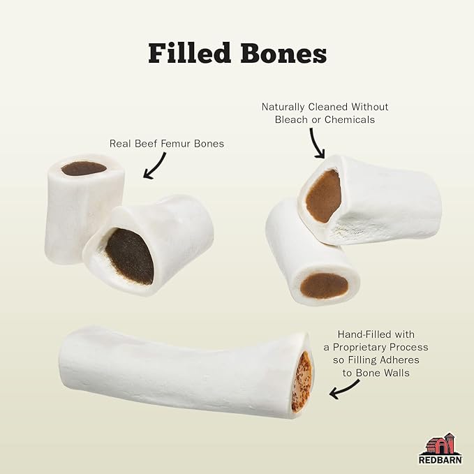 Redbarn Pet Products Large Filled Dog Bones, Cheese & Bacon Flavor - Long Lasting Stuffed Femur Chew Treat Made in USA - 4 Count - Packaging May Vary