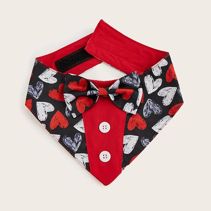 Valentine Dog Tuxedo Bandana with Bow Tie, Adjustable Tuxedo Style Heart Pattern Pet Costume for Dogs, XS to XL
