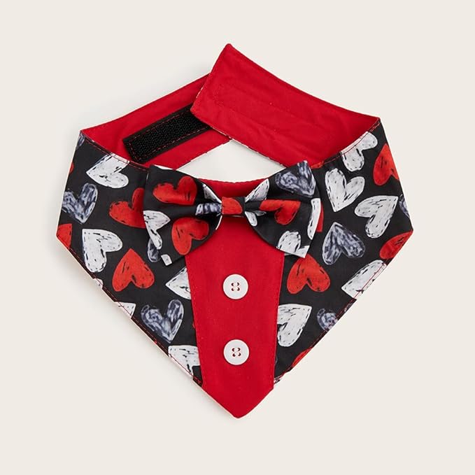Valentine Dog Tuxedo Bandana with Bow Tie, Adjustable Tuxedo Style Heart Pattern Pet Costume for Dogs, XS to XL