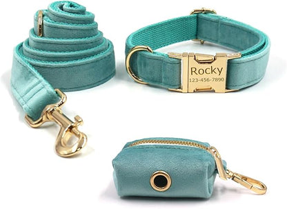 Personalized Velvet Dog Collars with Pet Name Phone Number Engraved, Custom Adjustable Soft Collar with Metal Buckle for Small Medium Large Dogs, Dog Leash and Bow Tie Available -Lake Green