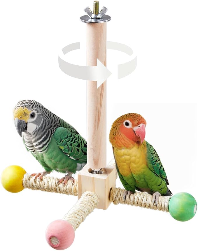Bird Stand Perch Toy, Interactive Spinning Parakeet Toys, Wooden Exercise Wheel Parrot Toy, Enrichment Cockatiel Toy for Birds Cage, Bird Cage Accessories Perch Toys for Budgies (S)