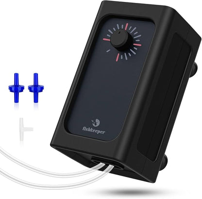 Fishkeeper Aquarium Air Pump, Quiet Powerful Fish Tank Air Pump, 6W/10W Adjustable Oxygen Pump, Metal Dual Outlets Aerator with Air Stone Bubbler for Fish Tank up to 140 Gallon 6W