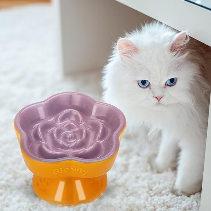S&Q's CERAMICS Raised Slow Feeder Cat Bowl, Ceramic Elevated Food Bowl Small Dogs Slow Feeder, Flower Shaped Cute Pet Dish for Dry and Wet Food (Purple, 5.8")