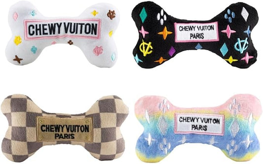 Haute Diggity Dog Medium Chewy Vuiton Bones Plush Dog Toys for Small, Medium & Large Dogs, 4-Pack Durable Stuffed Designer-Inspired Pet Toys with Interactive Squeaker, Machine-Washable & Safe