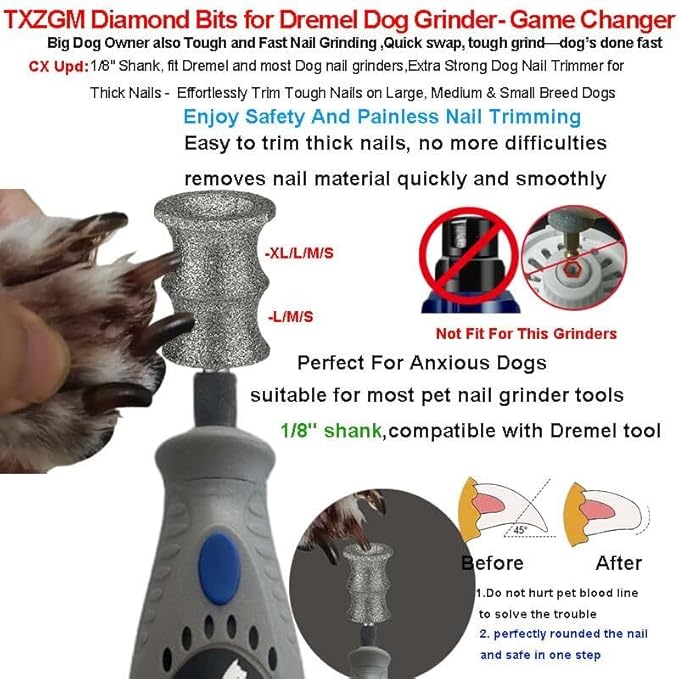 Fit Dremel 7350-Pet & 7760 Dog Nail Grinder Attachment - Diamond Bit Replacement Head for Thick Nail, Refill Tip Grinding Accessories for Large/Medium/Small Pet 5-150 lbs, Smoother/Safer Than Clipper