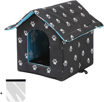 Outdoor Cat House, Cat Houses for Outdoor Cats, Weatherproof Warm and Insulated Cat House with Transparent Curtain Pet House, Stray Cats Shelter (Black, Large-Houses)