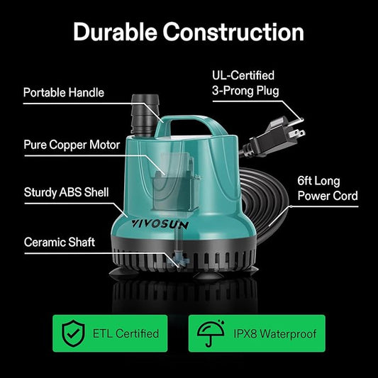 VIVOSUN 260GPH 20W Submersible Water Pump for Fish Tank, Pond, Aquarium, Hydroponic Systems with 6ft Power Cord and 3 Outlet Adapters, Blue