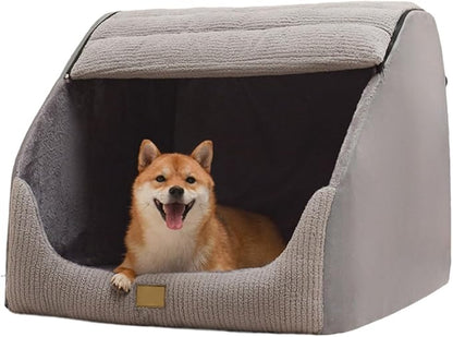 Large Dog House Indoor, Soft Plush Dogs Cave Bed Covered Pet Bed with Fluffy Washable Cushion, Portable Dog/Cat Pet Tent House for Small Medium Dogs (Grey, X-Large)