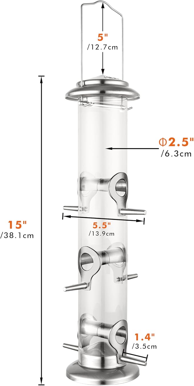iBorn Metal Bird Feeders 6 Ports Hanging Wild Bird Seed Feeder for Mix Seed Blends,Seed Feeder, Sunflower Heart, Birdbath, Heavy Duty All Metal Nickel Finishing 15 Inch 6Port