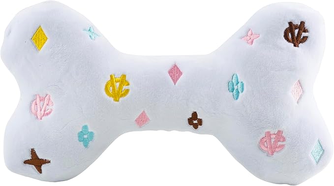 Haute Diggity Dog White Chewy Vuiton Bone, Plush Designer Dog Toys with Interactive Squeaker, Stimulating Pet Enrichment, Machine-Washable & Safe Materials for All Breeds, Size XL