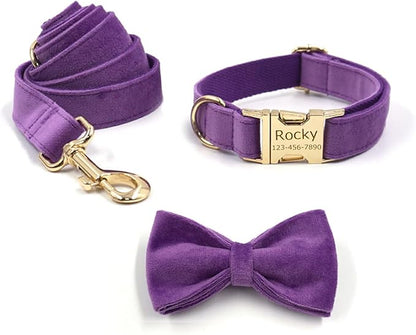 Personalized Velvet Dog Collars with Pet Name Phone Number Engraved, Custom Adjustable Soft Collar with Metal Buckle for Small Medium Large Dogs, Dog Leash and Bow Tie Available -Dark Purple