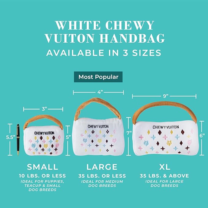 Haute Diggity Dog White Chewy Vuiton Handbag, Plush Designer Dog Toys with Interactive Squeaker, Stimulating Pet Enrichment, Machine-Washable & Safe Materials for All Breeds, Size XL