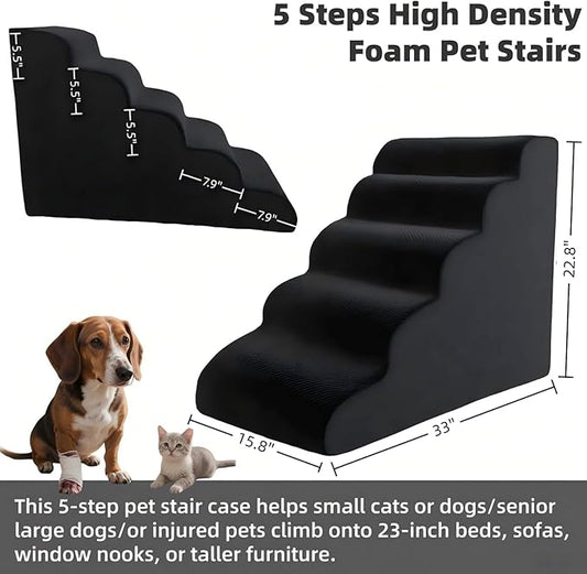 5 Step Pet Stairs Ramp for High Beds Sofas 23-30 Inch with Sturdy Non Slip Waterproof Pads, Machine Washable Cover Indoor Balanced Design for Cats Dogs Small Medium Large XL Pets Black, Large