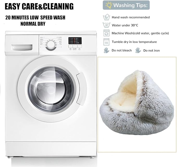 Calming Round Dog Bed & Cat Cave with Hooded Cover, Plush Fluffy Anti-Anxiety Cat Bed, Waterproof Bottom Washable (Coffee, 20x20inch)