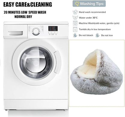 Calming Round Dog Bed & Cat Cave with Hooded Cover, Plush Fluffy Anti-Anxiety Cat Bed, Waterproof Bottom Washable (Coffee, 20x20inch)