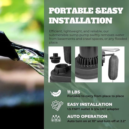 1/2 HP Submersible Sump Pump with Vertical Float Switch, Portable Utility Pump With 10ft Power Cord, Sub Water Pump for Draining Flooded Basement, Hot Tub, Pool, Pond, Sump Pits