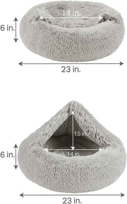 Friends Forever Luna Donut Cat Bed Cave, Soft Faux Fur Hooded Blanket Dog Couch For Indoor Pet, Fluffy Calming Plush Shag, Cozy Round Cushion, Machine Washable Cuddler, Self Warming, Grey