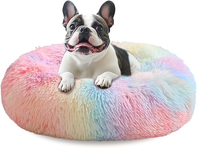 JOLLYVOGUE Small Dog & Cat Beds for Indoor Cats, Donut Cuddler Warming Soft Dog Beds with Anti-Slip Bottom, Round Calming Fluffy Plush Faux Fur Cushion Bed for Large Dogs (36", Rainbow)
