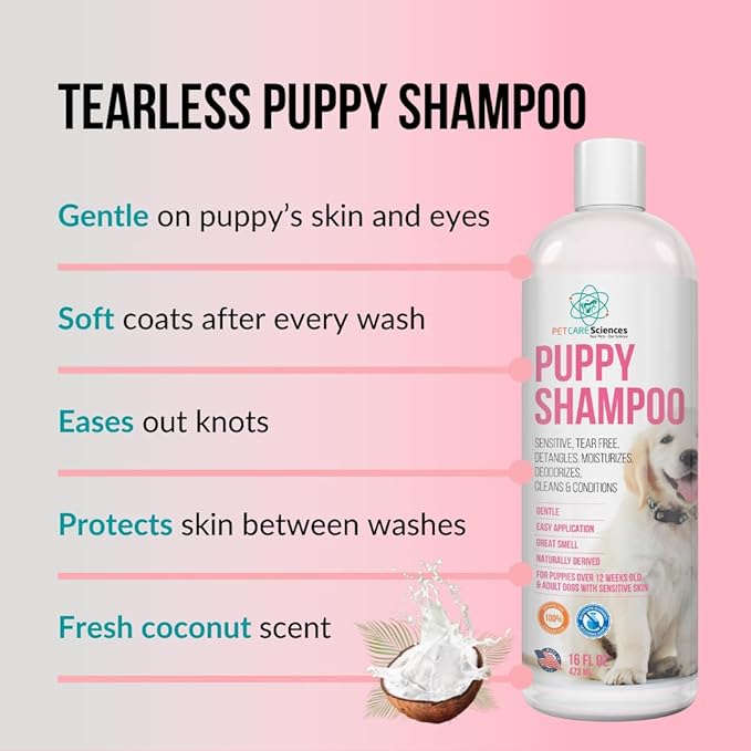 16 fl oz Tearless Puppy Shampoo and Conditioner - Anti Itch Dog Shampoo Sensitive Skin - Coconut Oil Oatmeal Pet Shampoo for Puppies, Made in The USA