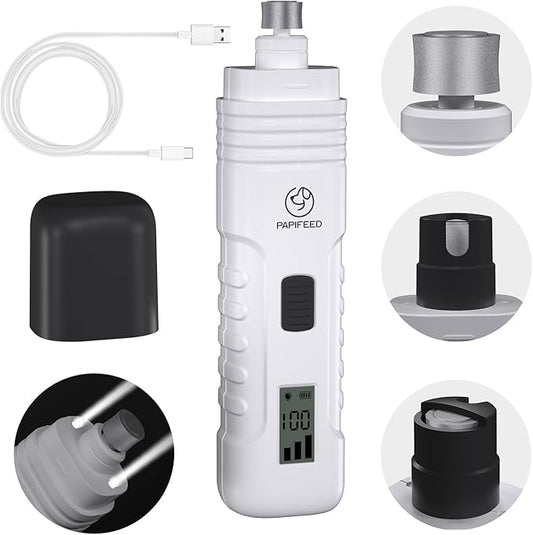 PAPIFEED Dog Nail Grinder Professional Pets, 3-Speed Electric Quiet Dog Nail Grinder, Rechargeable Dog Nail Trimmers - with 2 LED Lights/2 Grinder Wheels, for Small, Medium, (White)