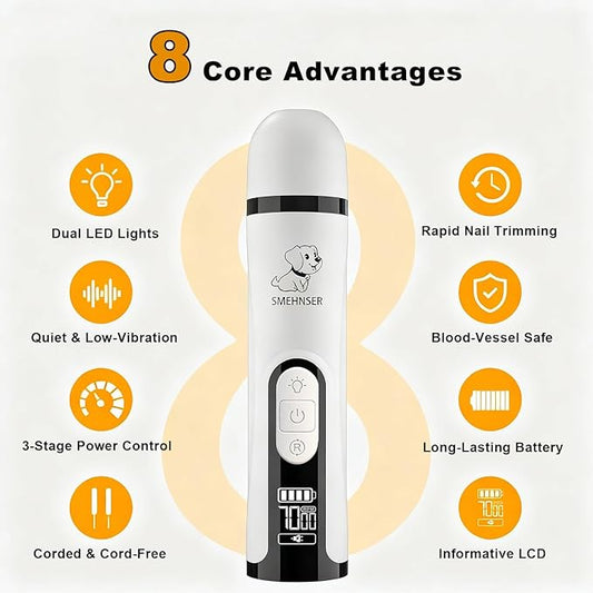 Silent Groom Pro, Dog Nail Grinder with LED Light, 3-Speed 7000-9000 RPM, 4 Diamond Bits & Adjustable Guard, Quick Blood Vessel Viewer, Safe Grinding for Dogs, Cats