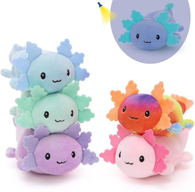 Tezituor 5 Pcs Glow-in-The-Dark Axolotl Plush Toys, 6 Inches Small Stuffed Animals Bulk with Luminous Fins, Colorful Handheld Soft Plushies for Kids, Birthday Gifts