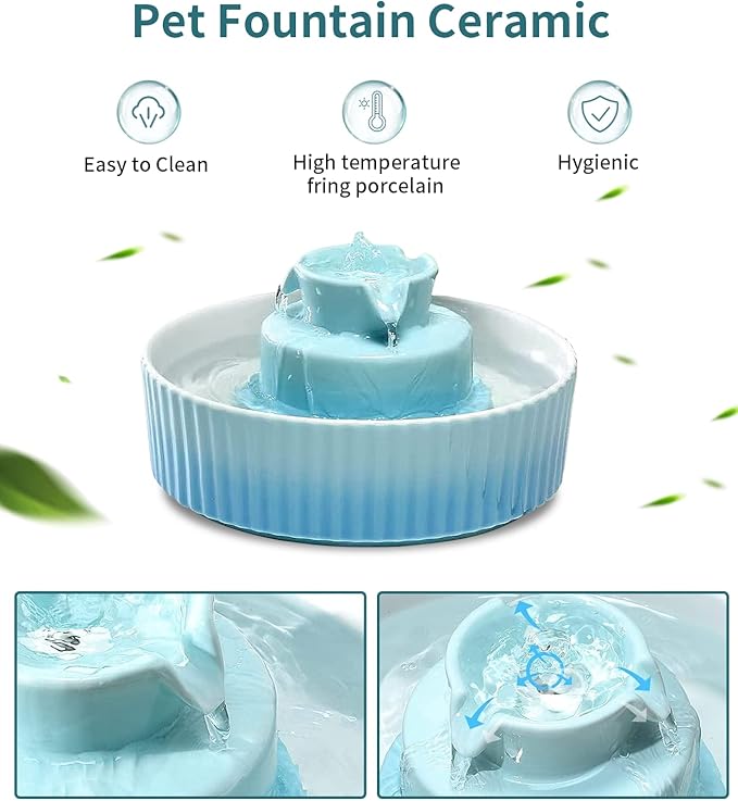 Ceramic Cat Water Fountain, Ceramic Pet Fountain, 2.1 L Drinking Fountains Bowl for Cats and Dogs with Replacement Filters and Foam(Sky Blue)