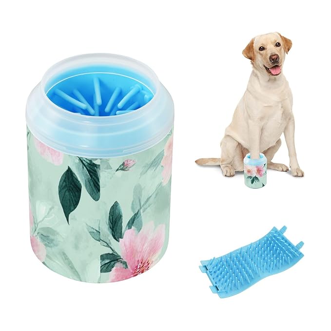 Dog Paw Cleaner Mudbuster Dog Foot Washer for Small Medium Large Dogs Cats Premium Pet Supplies Mint Green Peony Flower