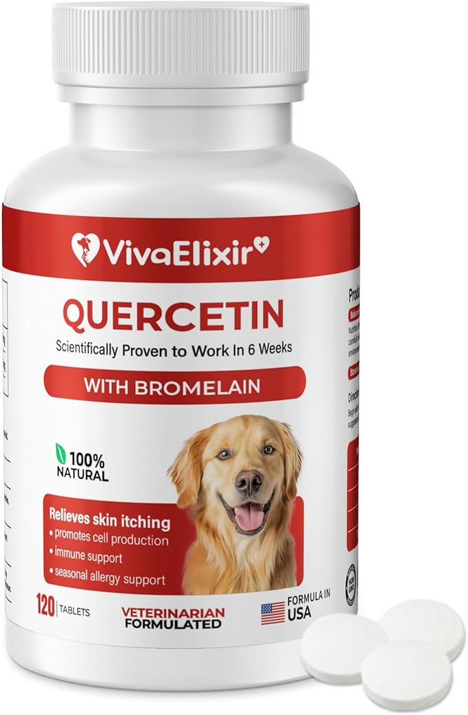 Quercetin & Bromelain Tablets for Dogs — for Skin Allergy, Atopic Dermatitis, Ear Infection Treatment & Joint Inflammation — Immune & Anti-Inflammatory Support — Vet-Formulated