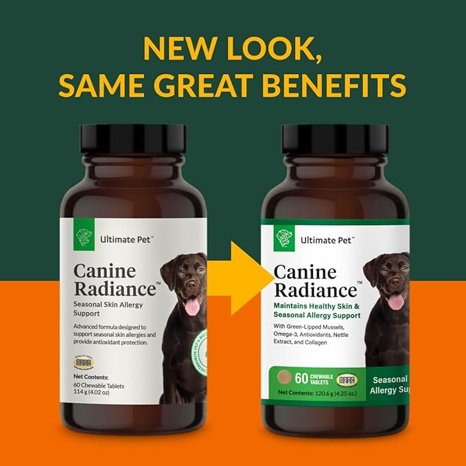 ULTIMATE PET NUTRITION Canine Radiance Skin Allergy Support Supplement for Dogs, Omega-3 Skin Hydration, Antioxidants to Prevent Itching and Strengthen Coat, 60 Chewable Tablets