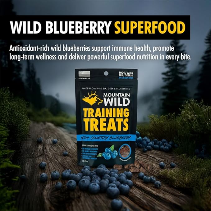 High Country Wild Blueberry Elk & Venison Dog Training Treats - Natural Grain-Free Puppy & Dog Snacks - Protein Treat for Training, Reward - No Fillers, No Artificial Preservatives, 4oz 1 Bag