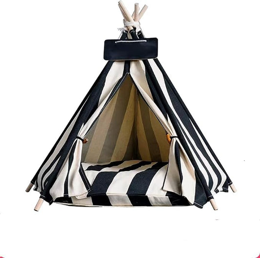 Cat Teepee Tent Bed,Outdoor Indoor Dog House,Portable Washable Pet Tent for Small Dogs with Cushion,Inside Pet Teepee for Small Medium Animals (White&Black, M)
