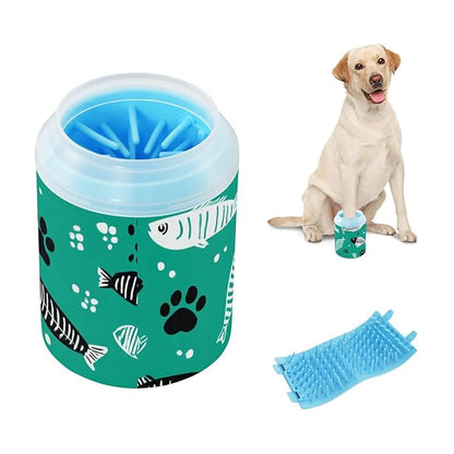 Dog Paw Cleaner Cups for Dogs Pet Foot Washer Paw Scrubber for Medium Small Dogs Cats Cleaning Cup Green Paw Prints and Fish