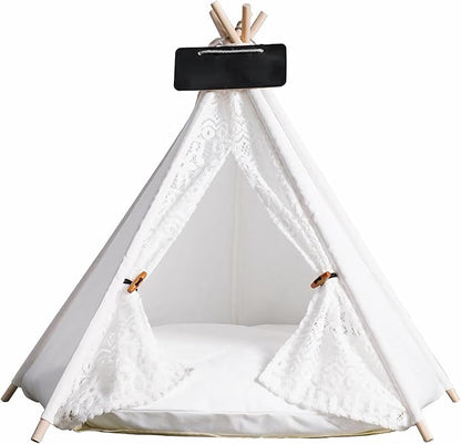 Dog Cat Teepee Tent Bed,Portable Pet Teepee for Small Animals Removable & Washable,Indoor Dog House with Cozy Cushion,Cat Teepee for Indoor Cats,Bunny Tent Outdoor (White Lace, L)
