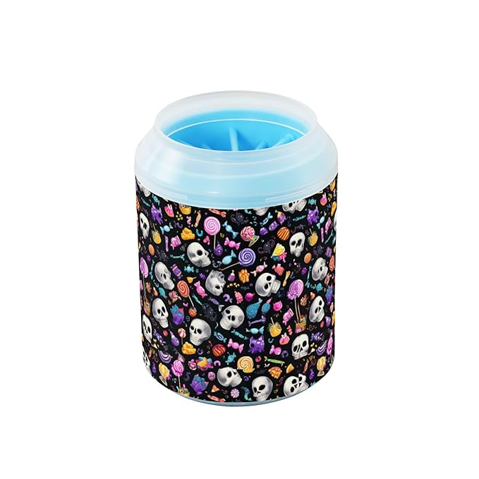 Dog Paw Cleaner Cups for Dogs Pets Foot Washer Paw Scrubber for Medium Small Cats Dogs Cleaning Cup Halloween Colorful Skulls Lollipops