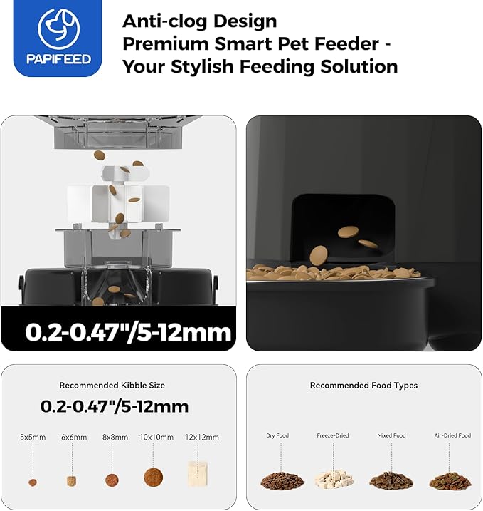 PAPIFEED Automatic Cat Feeder, No WiFi No App Timed Cat Food Dispenser, 6 Meals Programmable with LED Screen, Battery Powered Auto Cat Feeder for Cats & Small Dogs (Black)
