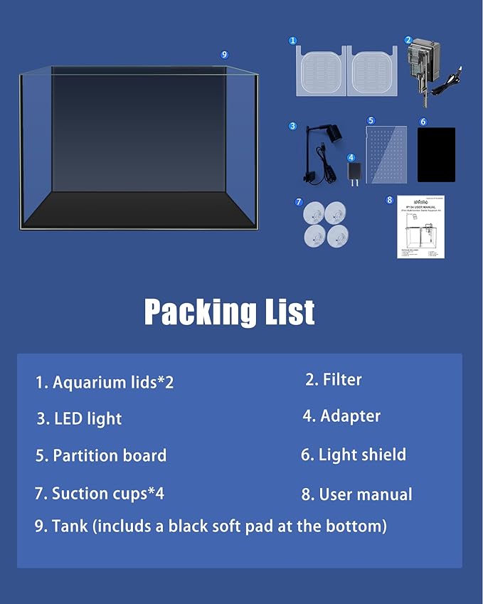 iPriro Fish Tank, 3 Gallon Ultra-Clear Glass Fish Aquarium, with Separator Plate for Betta, Fish Tank Starter kit with Filter and Led Light, Black
