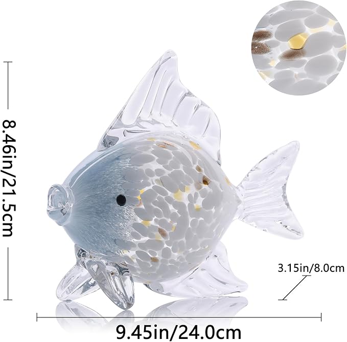 Large Hand Blown Glass Fish Figurines, Aquarium Sea Glass Art, Blue White Fish Statue Sculpture Modern Coastal Accent - for Beach Knick Knacks, Coffee Tables, Nautical Offices Centerpiece