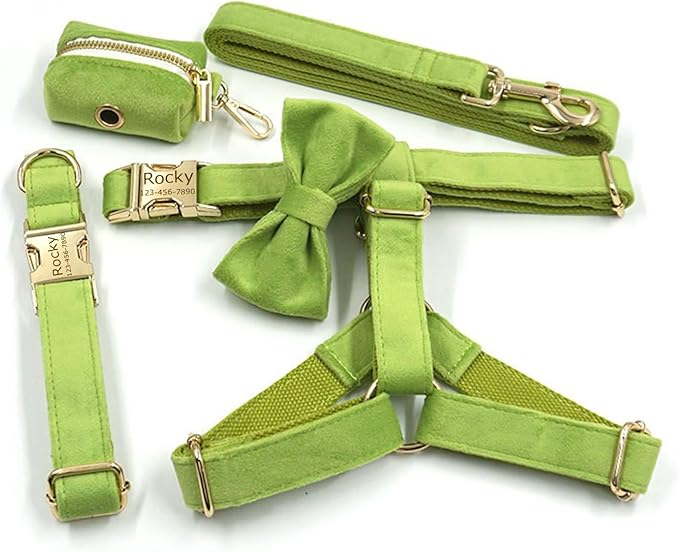 Personalized Velvet Dog Collars with Pet Name Phone Number Engraved, Custom Adjustable Soft Collar with Metal Buckle for Small Medium Large Dogs, Dog Leash and Bow Tie Available -Green