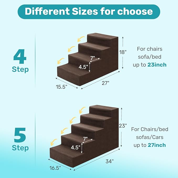 Dog Stairs for Bed, Extra Wide 5-Step Dog Steps for High Bed, High-Density Foam Pet Stairs with Non-Slip Removable Washable Cover for Small Pets, 23" H, Brown