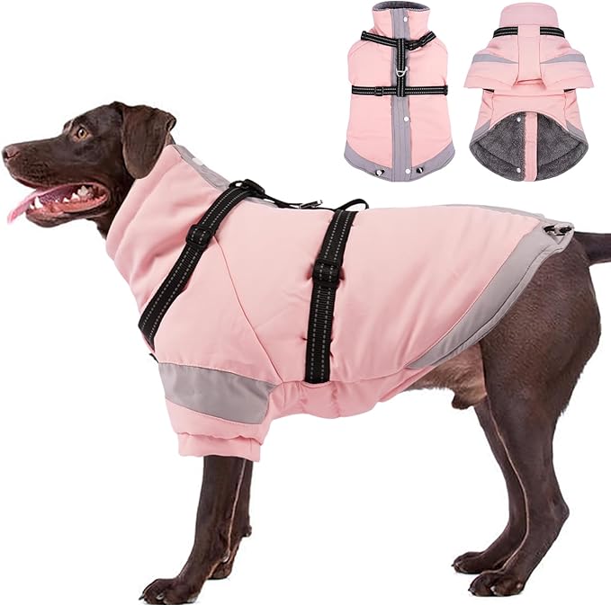 XX-Large Dog Winter Coat with Harness 2 in 1-for Outdoor Walking | Thick and Warm Lining for Cold Winter,Turtleneck Windproof Dog Snowsuit with Sleeves,Night Reflective Harness(Light Pink)