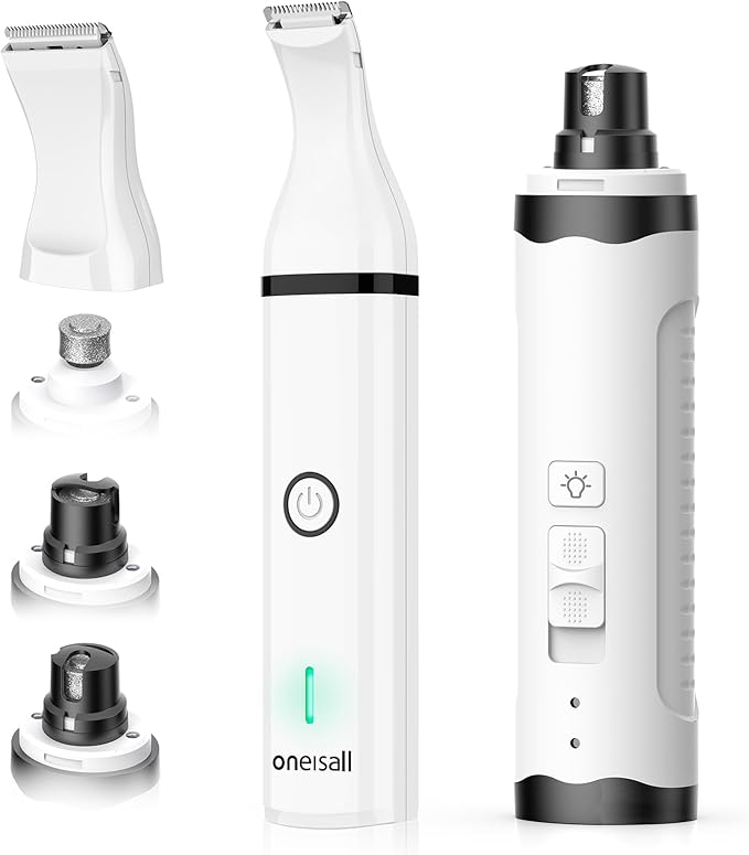 oneisall Dog Nail Grinder and Paw Trimmer Kit 3 in 1 Quiet Rechargeable Electric Pet Nail Grinder with 2 LED Lights and Cordless Dog Grooming Safe Clippers
