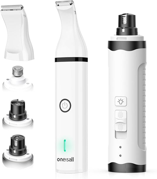 oneisall Dog Nail Grinder and Paw Trimmer Kit 3 in 1 Quiet Rechargeable Electric Pet Nail Grinder with 2 LED Lights and Cordless Dog Grooming Safe Clippers